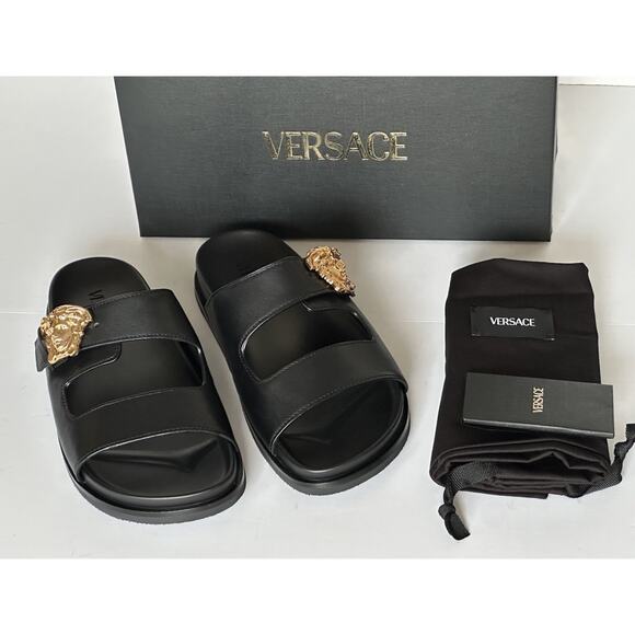 Versace Medusa Black Leather Slides Sandals 9 US (42 Euro) 1020767 NIB main image 7